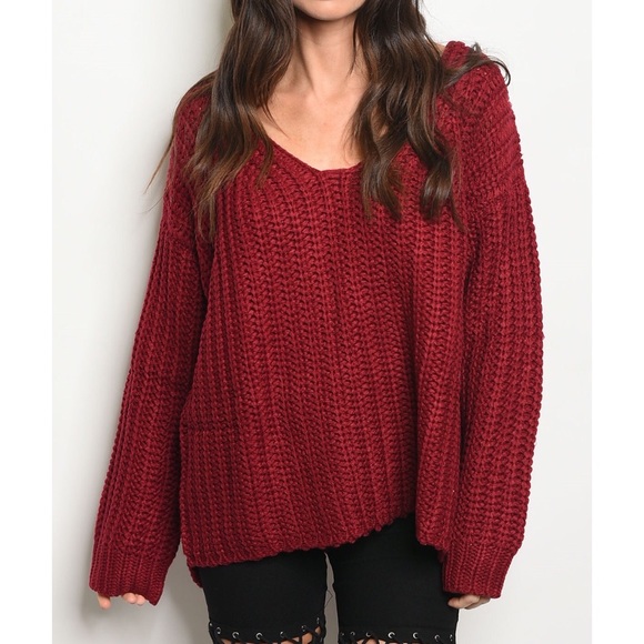 Burgundy oversized chunky cotton knit sweater - Picture 2 of 3